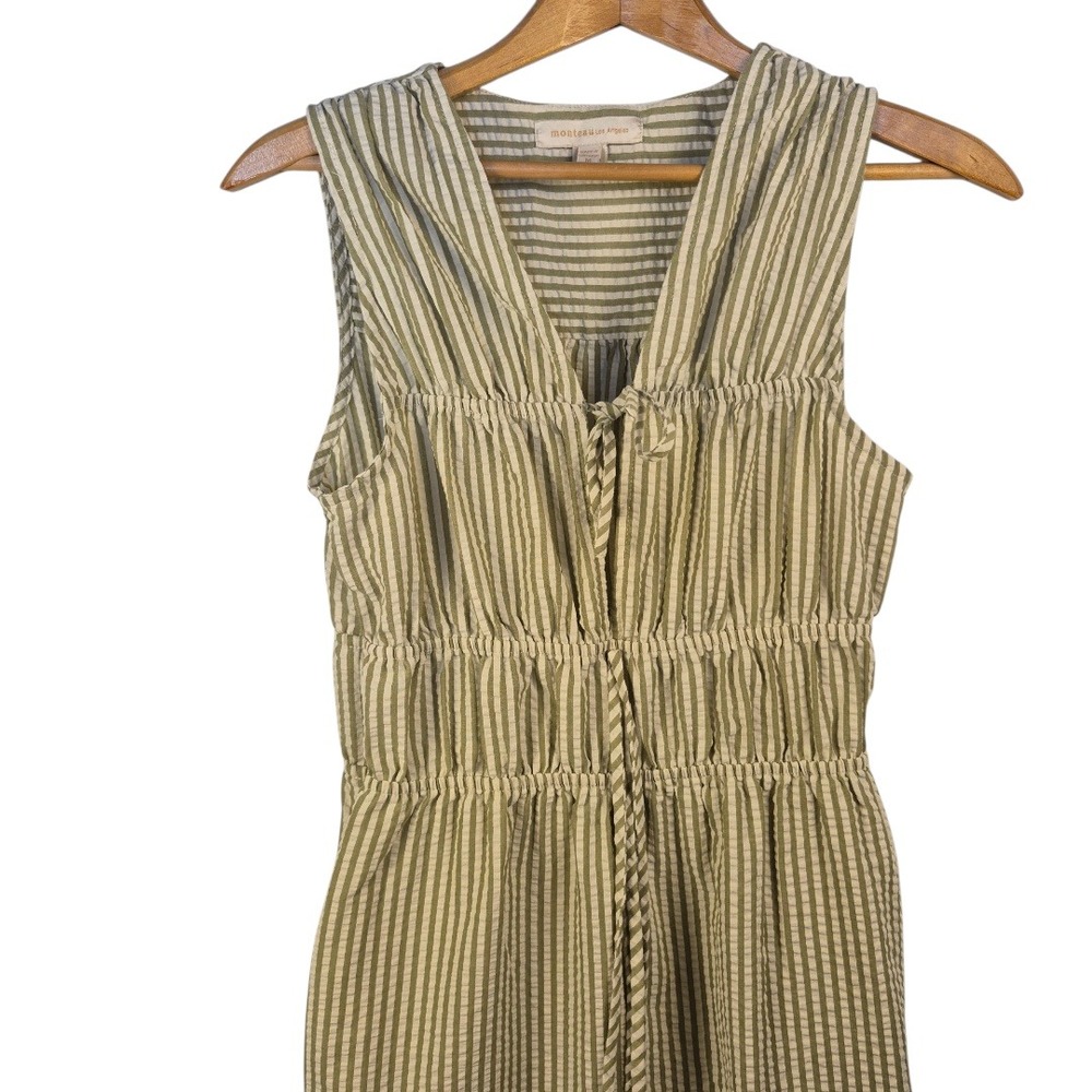Monteau Jumpsuit Women Size M Green White Striped Excellent Seersucker Wide Leg